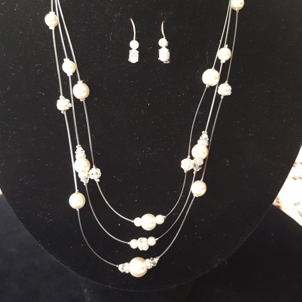 Silvertone illusion pearl necklace and earrings